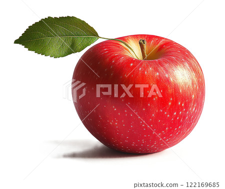 A vibrant red apple with a green leaf rests elegantly on a white surface, captured in natural light 122169685