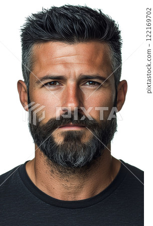 Confident young man with a thick beard and styled hair posing against a neutral background 122169702