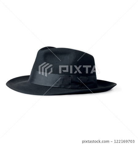 Classic black wide brimmed hat positioned stylishly on a white background 122169703