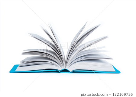Open book with white pages and blue cover isolated on clean white background. Educational and artistic themes Open book with white pages and blue cover isolated on clean white background. Educational and artistic themes 122169736