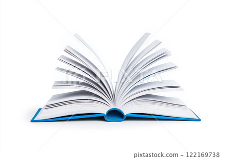 Open book with white pages and blue cover isolated on clean white background. Educational and artistic themes 122169738