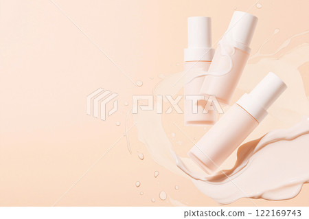 Cosmetic bottles with splashes, showcasing minimalist packaging amidst a smooth beige-toned background. Ideal for concepts of beauty, skincare, luxury, and elegant product presentation. 122169743