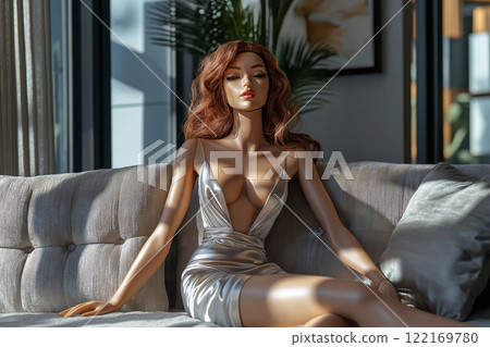 Sex doll on a couch. Life size silicone sex doll, realistic female mannequin in a serene pose wearing an elegant short dress. Sex toy, erotic, porn, fetish theme. Artificial adult entertainment doll. 122169780