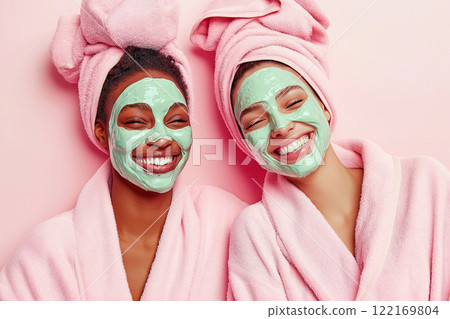 Two diverse women with green facial masks relax together in a bright setting. Both wear matching pink robes and towels while smiling warmly, embodying joy, wellness, and self-care concept 122169804