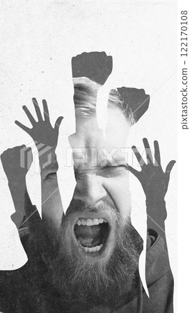 Bearded man shouting, layered with raised fists silhouettes, symbolizing passion and strength in social movements. Textured background. Conceptual design. Bearded man shouting, layered with raised fists silhouettes, symbolizing passion and strength in social movements. Textured background. Conceptual design. 122170108