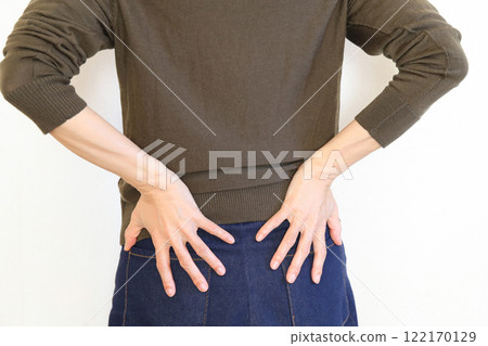 Person with hands on waist: lower back pain Person with hands on waist: lower back pain 122170129