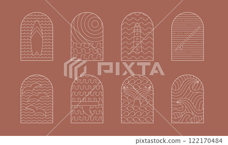 Retro style, bohemian wavy linear surfing, ocean, sea badge, icon, design. Simple geometric surf camp, resort, t shirt, sticker template, design frame. 122170484