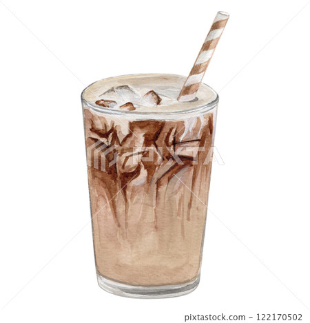 Watercolor illustration of vanila iced coffee in glass cup with striped straw on white background Watercolor illustration of vanila iced coffee in glass cup with striped straw on white background 122170502