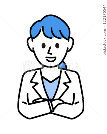 A female doctor in a white coat with her arms folded A female doctor in a white coat with her arms folded 122170544
