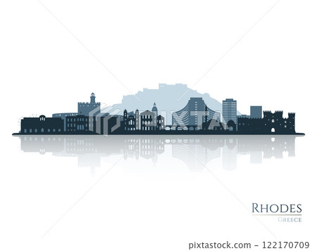 Rhodes skyline silhouette with reflection. Rhodes skyline silhouette with reflection. 122170709