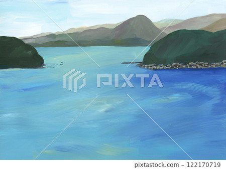 藍色的大海和海灣小鎮用水彩畫的插圖 122170719