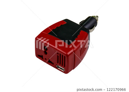 Red car inverter DC to AC isolated on a white background Red car inverter DC to AC isolated on a white background 122170966