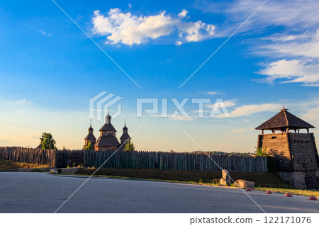 Medieval wooden Zaporozhian Sich on Khortytsia island in Zaporizhia, Ukraine Medieval wooden Zaporozhian Sich on Khortytsia island in Zaporizhia, Ukraine 122171076