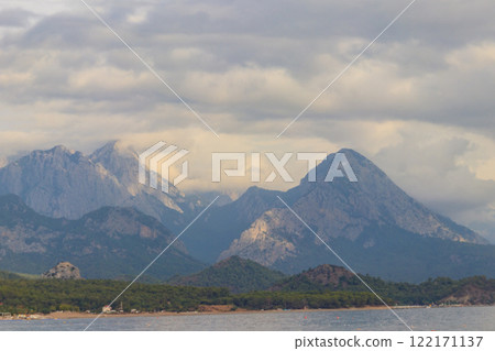 View of the Mediterranean sea coast and the Taurus mountains in Kemer, Antalya province in Turkey 122171137