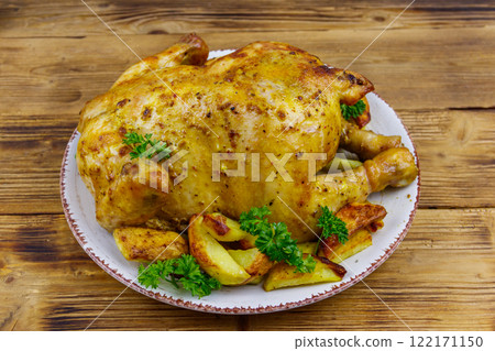 Baked whole chicken with potato on a wooden table 122171150