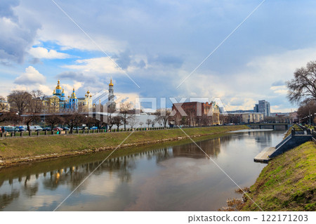 View of Intercession (Pokrovsky) Monastery and the Lopan river in Kharkov, Ukraine 122171203