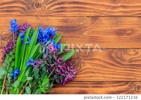 Bouquet of purple corydalis flowers and blue scilla flowers on wooden background Bouquet of purple corydalis flowers and blue scilla flowers on wooden background 122171216