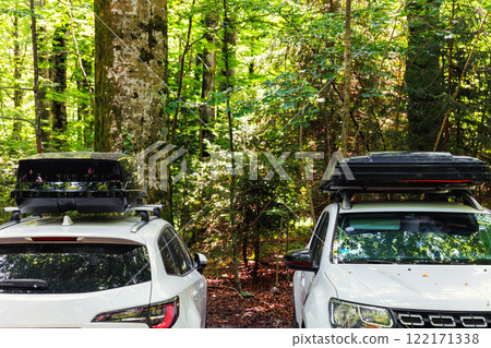 Scenic view national park forest resort parking with cars roof box rack against sunny nature woods landscape. Family holidays journey travel auto trip Scenic view national park forest resort parking with cars roof box rack against sunny nature woods landscape. Family holidays journey travel auto trip 122171338