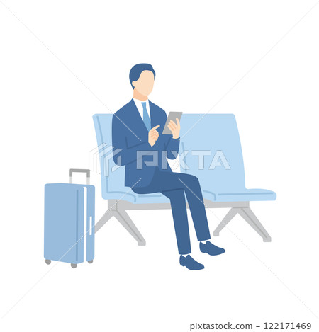 A businessman sitting on a bench in the waiting lobby and working on his smartphone A businessman sitting on a bench in the waiting lobby and working on his smartphone 122171469