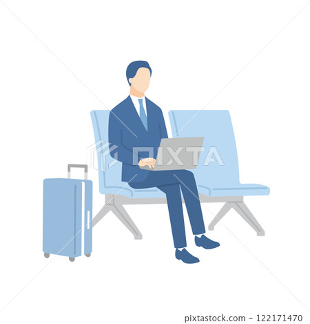 一位商人坐在候診大廳的長凳上，在電腦上工作 122171470