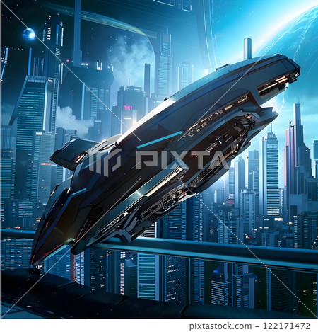 A sleek futuristic spaceship flies above a sprawling city of tall, illuminated skyscrapers. The background shows a planet and distant stars, creating a sci-fi setting. 122171472