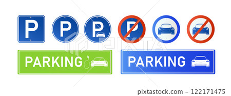 Car parking eco electric icon set. Parking and traffic signs isolated on white background. Map parking pointer. Vector Car parking eco electric icon set. Parking and traffic signs isolated on white background. Map parking pointer. Vector 122171475