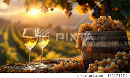 Panorama wine with grapes barrel sunny vineyard background. Seasonal grape background, harvest Panorama wine with grapes barrel sunny vineyard background. Seasonal grape background, harvest 122171574