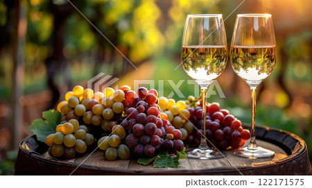 Glasses of wine with grapes barrel sunny vineyard background. Seasonal grape background, harvest 122171575