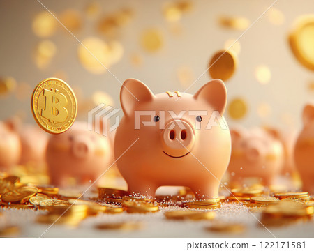 Shiny golden piggy banks with coins symbolizing wealth, savings and prosperity, golden background 122171581