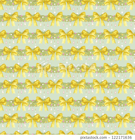 Garlands seamless pattern. Hand drawn watercolor illustration of spruce with bows isolated on grey background. Can be used for textile, fabric, scrapbook and other printed products. Garlands seamless pattern. Hand drawn watercolor illustration of spruce with bows isolated on grey background. Can be used for textile, fabric, scrapbook and other printed products. 122171636