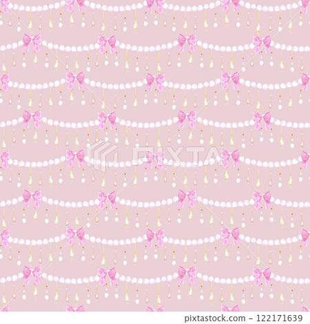 Garlands seamless pattern. Hand drawn watercolor illustration of string of beads with bows isolated on pink background. Can be used for textile, fabric, scrapbook and other printed products. Garlands seamless pattern. Hand drawn watercolor illustration of string of beads with bows isolated on pink background. Can be used for textile, fabric, scrapbook and other printed products. 122171639
