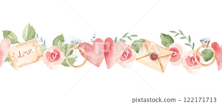 Valentine's, Wedding Horizontal Watercolor Seamless Border Pattern with craft Envelopes, vintage Letters, pink Hearts and Roses and Diamond Engagement Ring. Watercolor hand drawn illustration. Can be 122171713