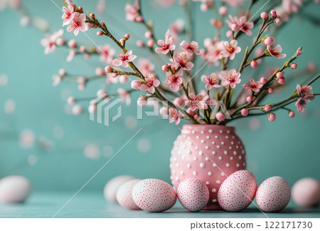 Colorful Easter decoration eggs cherry blossom Sakura, flowering twigs, blue background, copy space 122171730