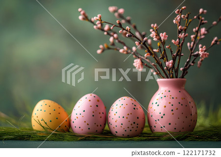 Colorful Easter decoration eggs cherry blossom Sakura, flowering twigs, blue background, copy space 122171732