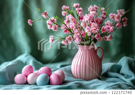 Colorful Easter decoration eggs cherry blossom Sakura, flowering twigs, blue background, copy space 122171740
