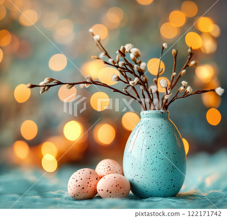 Colorful Easter decoration eggs cherry blossom Sakura, flowering twigs, blue background, copy space 122171742
