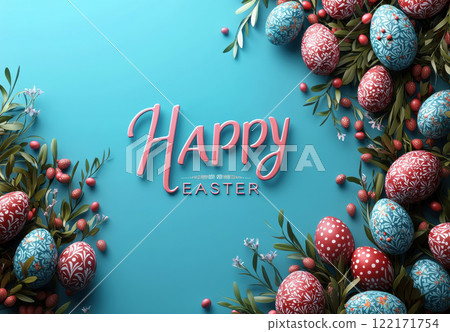 Text "Happy Easter" 3D illustration Easter poster, flyer banner, Easter painted eggs, copy space 122171754