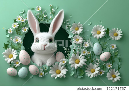 Rabbit peeking through surrounded Easter painted eggs. Holidays, spring Easter concept, copy space 122171767
