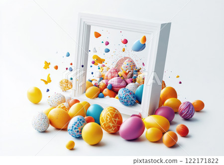 Happy Easter frame background colorful eggs, spring concept, copy space greeting 122171822