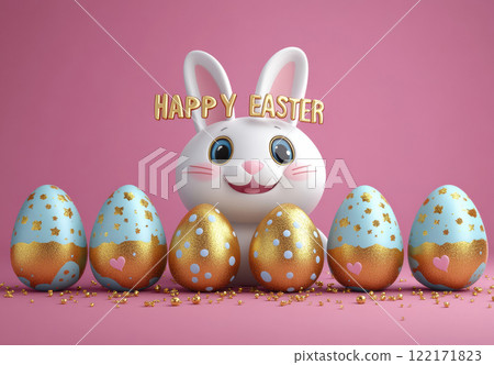 Easter illustration egg and Bunny pastel pink background, spring concept, copy space greeting, 3d 122171823