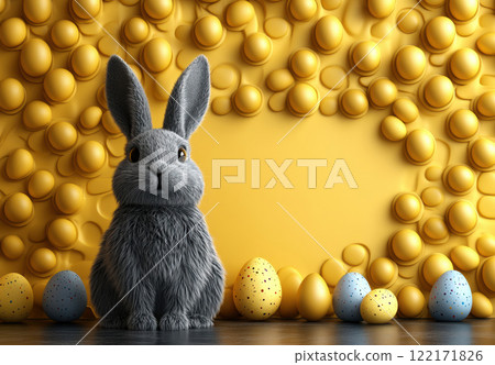 Easter egg and grey Bunny pastel yellow background spring concept, copy space greeting, 3d rendering 122171826