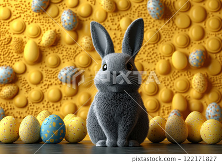 Easter egg and grey Bunny pastel yellow background spring concept, copy space greeting, 3d rendering 122171827