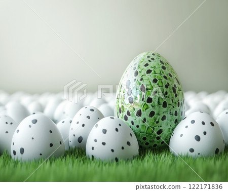 Leadership concept, individuality, green egg. Not like everyone else. Special, idea, motivation Leadership concept, individuality, green egg. Not like everyone else. Special, idea, motivation 122171836
