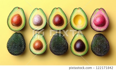 Whole avocados yellow background, top view avocado leaves, space for text, vegetarian food, vitamin Whole avocados yellow background, top view avocado leaves, space for text, vegetarian food, vitamin 122171842