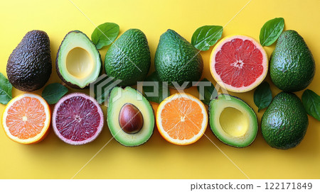 Whole avocados citrus yellow background, top view avocado leaves, space for text, vegetarian vitamin 122171849