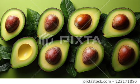 Whole avocados yellow background, top view avocado leaves, space for text, vegetarian food, vitamin 122171850