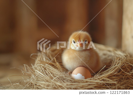 Yellow baby chicken surrounded by eggs and broken eggshell, copy space. Holidays spring farm concept 122171863
