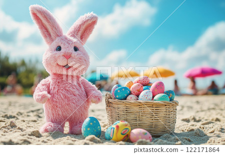 Easter bunny colorful striped eggs, background blue sky sea horizon. Holidays, spring Easter concept Easter bunny colorful striped eggs, background blue sky sea horizon. Holidays, spring Easter concept 122171864