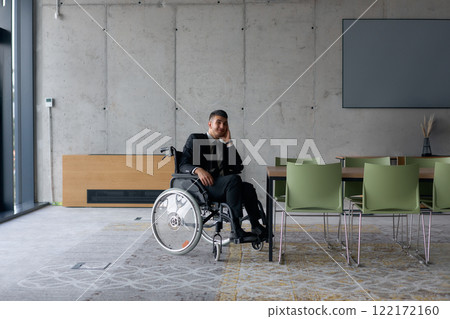 A sad and disheartened director in a wheelchair sitting alone in a large office, reflecting on the challenges and isolation that come with their professional responsibilities A sad and disheartened director in a wheelchair sitting alone in a large office, reflecting on the challenges and isolation that come with their professional responsibilities 122172160