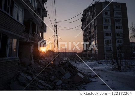 Urban rubble scene with ruins and sunset 122172204